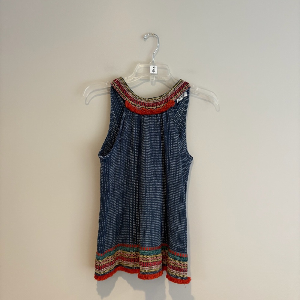 THML Boho Embroidered Sleeveless Tunic Top Blue Dotted Fringe Size S